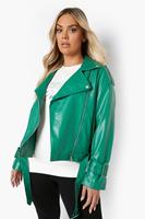 Boohoo Plus Collared Faux Leather Biker Jacket, Green