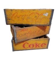 Fiftiesstore Originele Vintage Houten Coca-Cola Flessenkrat - Geel - Europees Model