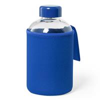 Bellatio Design Glazen waterfles/drinkfles met blauwe softshell bescherm hoes 600 ml -
