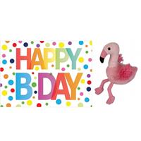 Nature Plush Planet Pluche knuffel flamingo 15 cm met A5-size Happy Birthday wenskaart -