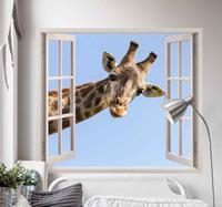 Tenstickers Muurstickers visuele effecten Giraf komt door een raam 3d